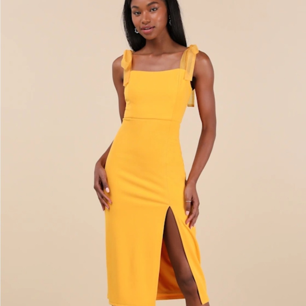 Lulus Romantic Celebration Yellow Tie-Strap Bodycon Midi Dress